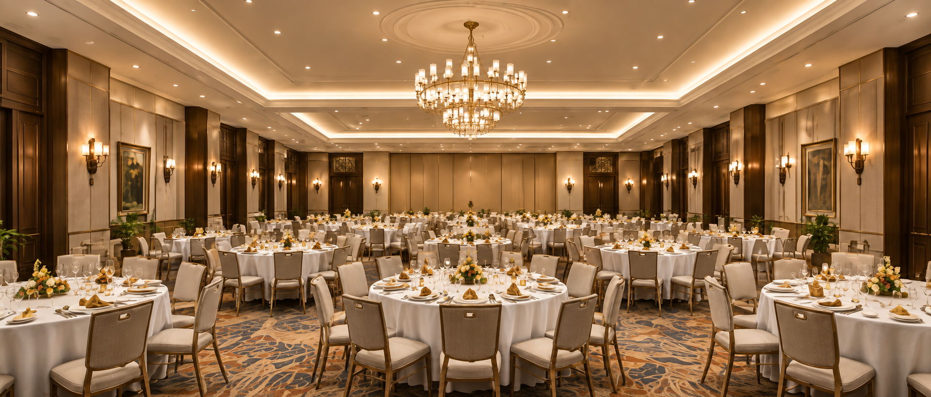 Grand Pillarless Banquet Ballroom with Chandeliers